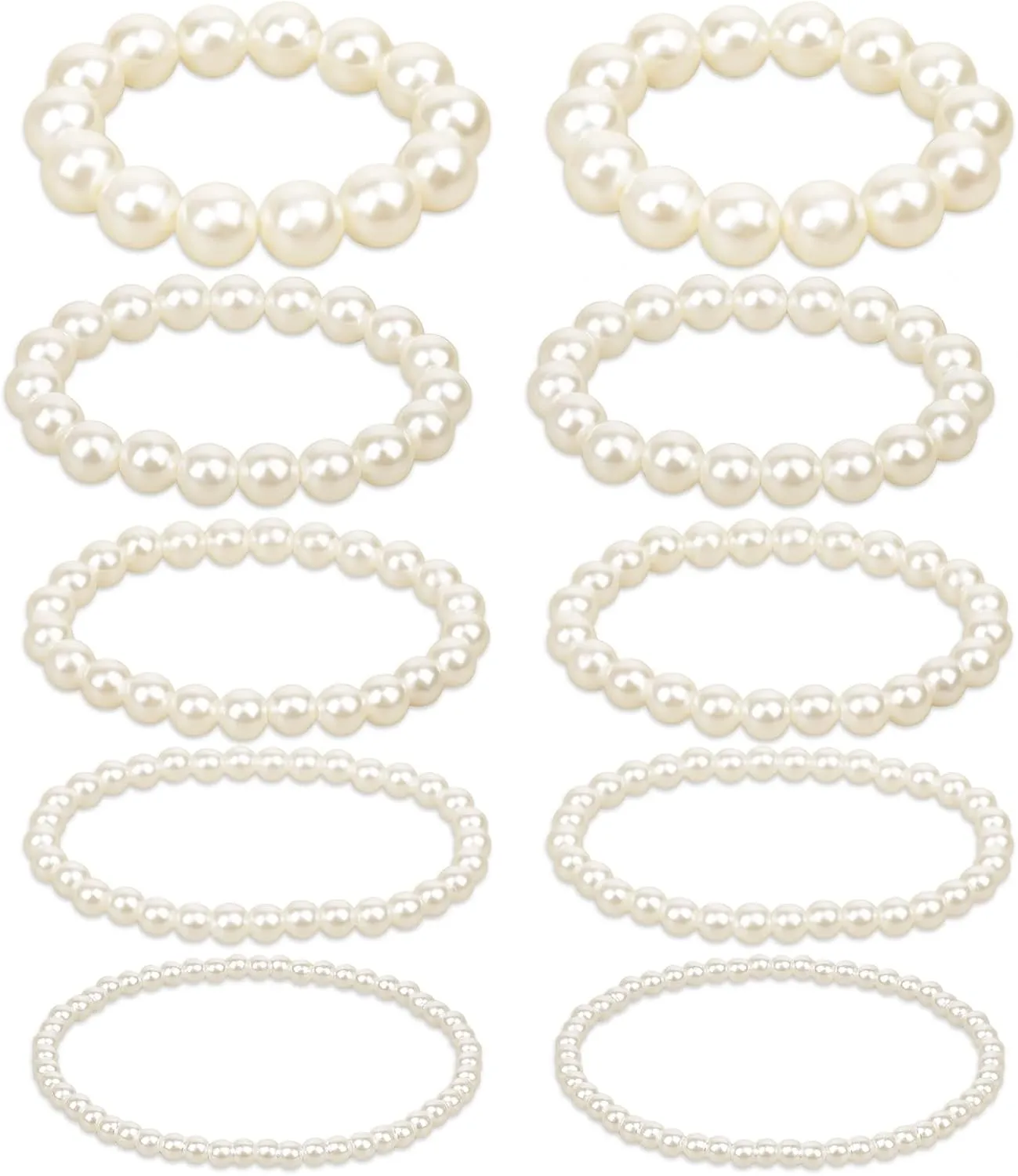 10 Pack White Pearl Bracelets Faux Pearl Bracelet Stackable Bridal Elastic Pearl Bracelet Set Stretch Fake Pearls Bead Bracelets Wedding for Women Party Bridesmaid Gifts
