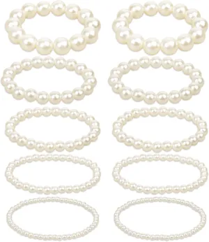 10 Pack White Pearl Bracelets Faux Pearl Bracelet Stackable Bridal Elastic Pearl Bracelet Set Stretch Fake Pearls Bead Bracelets Wedding for Women Party Bridesmaid Gifts