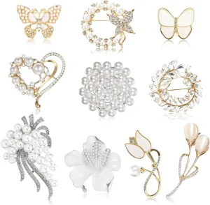 10 Pcs Brooches and Pins for Women, Crystal Rhinestone Pearl Brooch Lapel Pin, Butterfly Flower Bulk Brooches for Coats Jackets Wedding Bouquet
