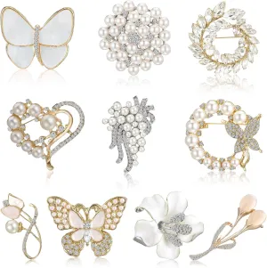 10 Pcs Brooches for Women Calla Lily Butterfly Pearl Brooch Pin Lapel Elegant Crystal Rhinestone Heart Flower Bulk Brooches for Wedding Bridal Dress Corsage Bouquet Coats Jackets Sweaters