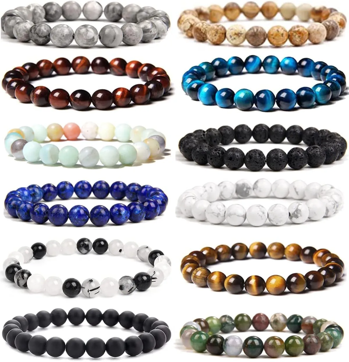 12 Pcs 8mm Gemstones Beaded Bracelets for Men Women Semi-Precious Stone Stretch Round Bead Crystal Bracelets Unisex