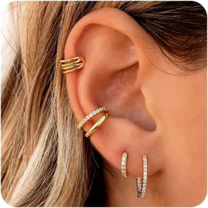 14K Gold Ear Cuffs Non Piercing for Women - Gold Hoop Earrings with Cubic Zirconia - Trendy Non Tarnish Hypoallergenic Fake Earrings - Good Gift for Women