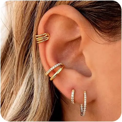 14K Gold Ear Cuffs Non Piercing for Women - Gold Hoop Earrings with Cubic Zirconia - Trendy Non Tarnish Hypoallergenic Fake Earrings - Good Gift for Women
