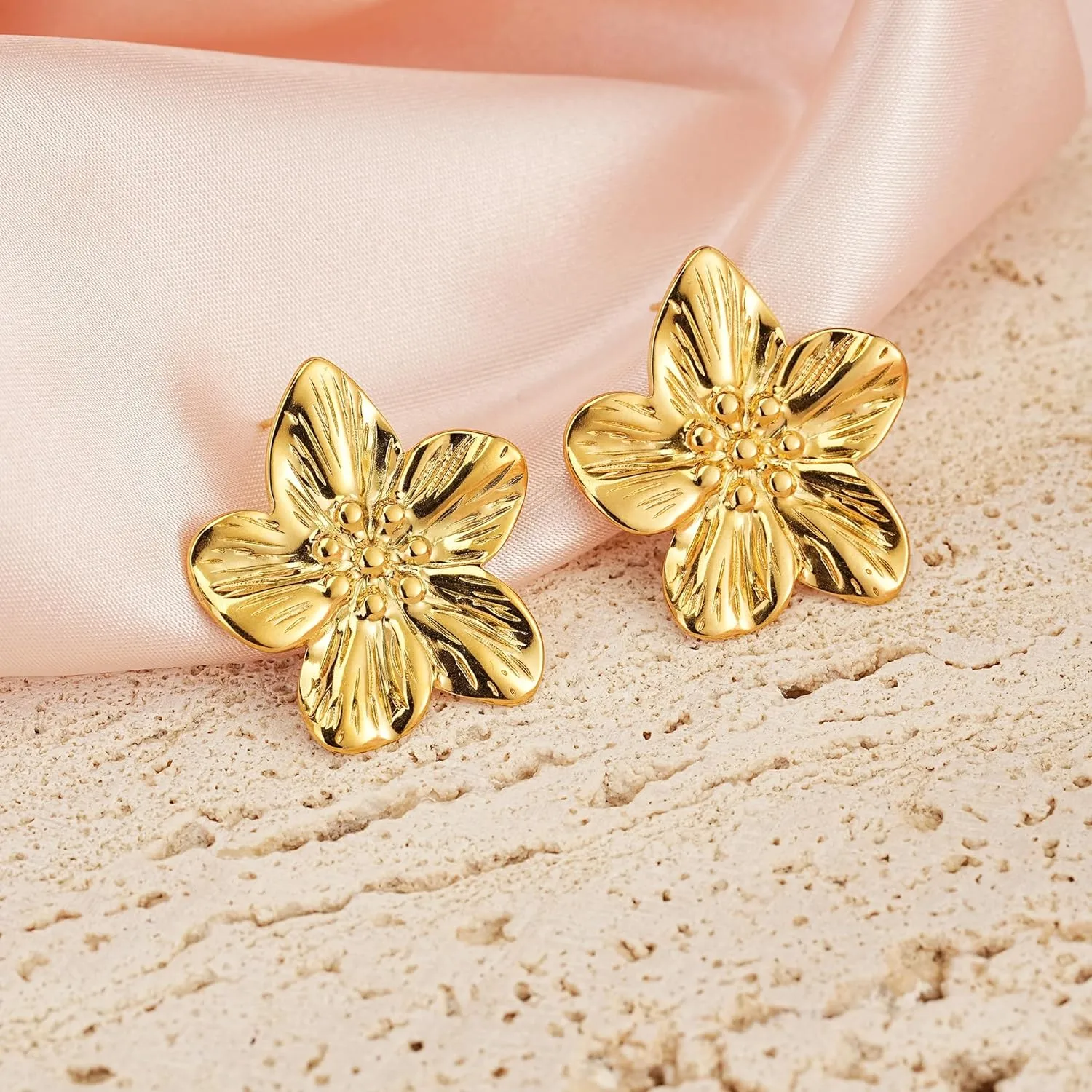 14K Gold Plated Gold Flower Stud Earrings for Women, Stainless Steel Large Big Statement Earring 925 Sterling Silver Post Hypoallergenic Floral Earrings Trendy Jewelry Gift for Women