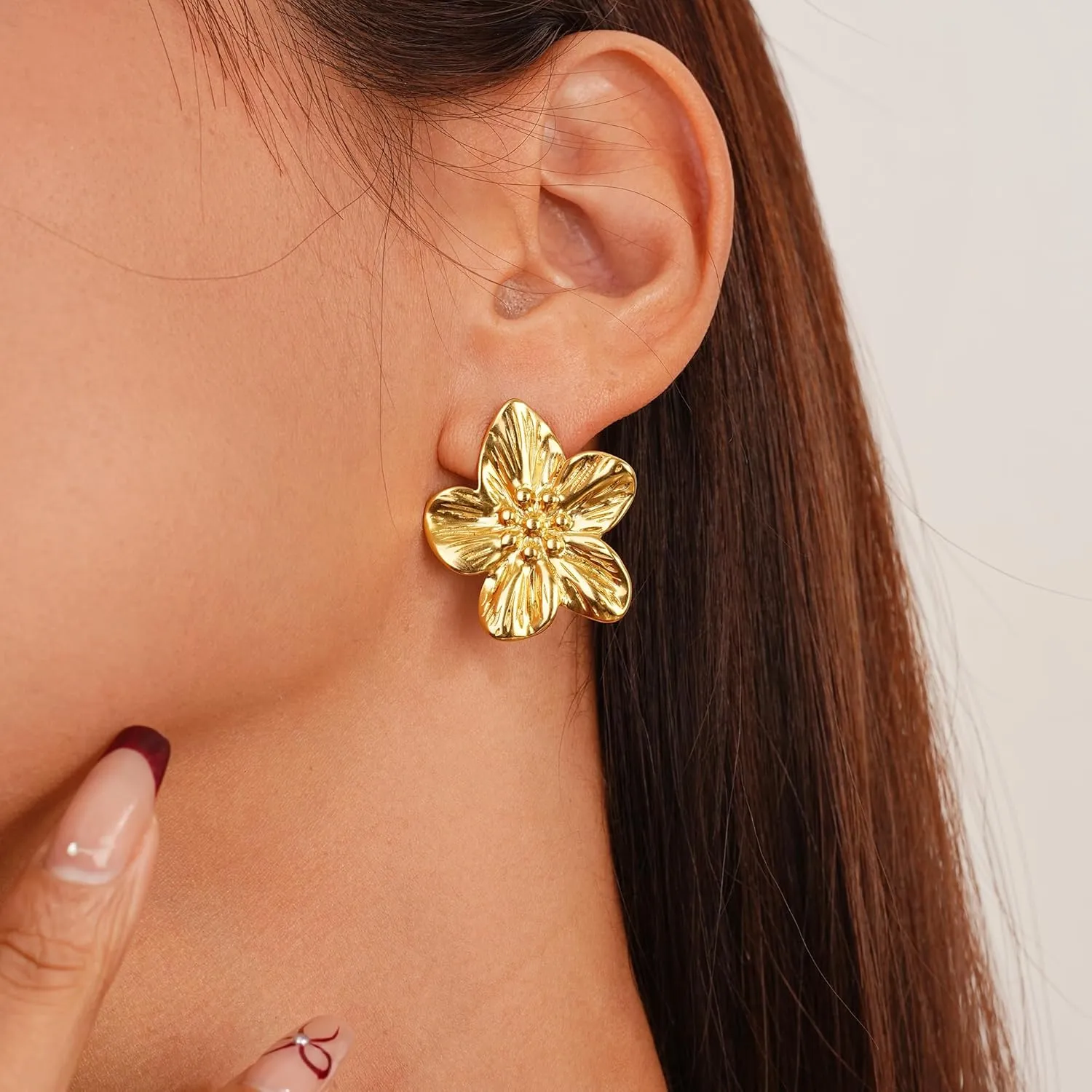 14K Gold Plated Gold Flower Stud Earrings for Women, Stainless Steel Large Big Statement Earring 925 Sterling Silver Post Hypoallergenic Floral Earrings Trendy Jewelry Gift for Women