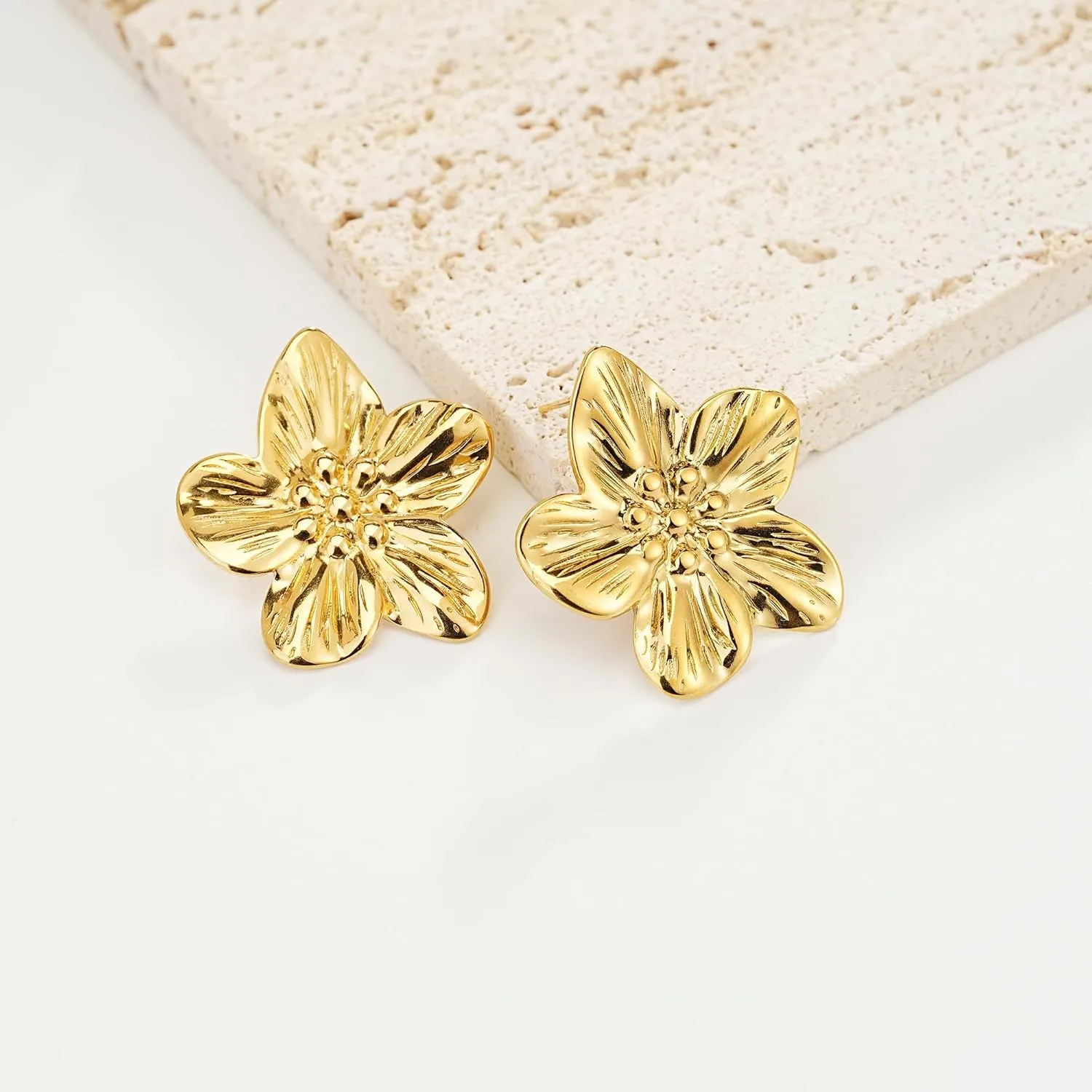 14K Gold Plated Gold Flower Stud Earrings for Women, Stainless Steel Large Big Statement Earring 925 Sterling Silver Post Hypoallergenic Floral Earrings Trendy Jewelry Gift for Women