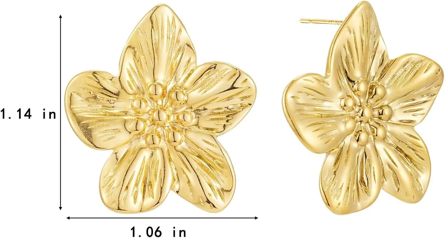 14K Gold Plated Gold Flower Stud Earrings for Women, Stainless Steel Large Big Statement Earring 925 Sterling Silver Post Hypoallergenic Floral Earrings Trendy Jewelry Gift for Women