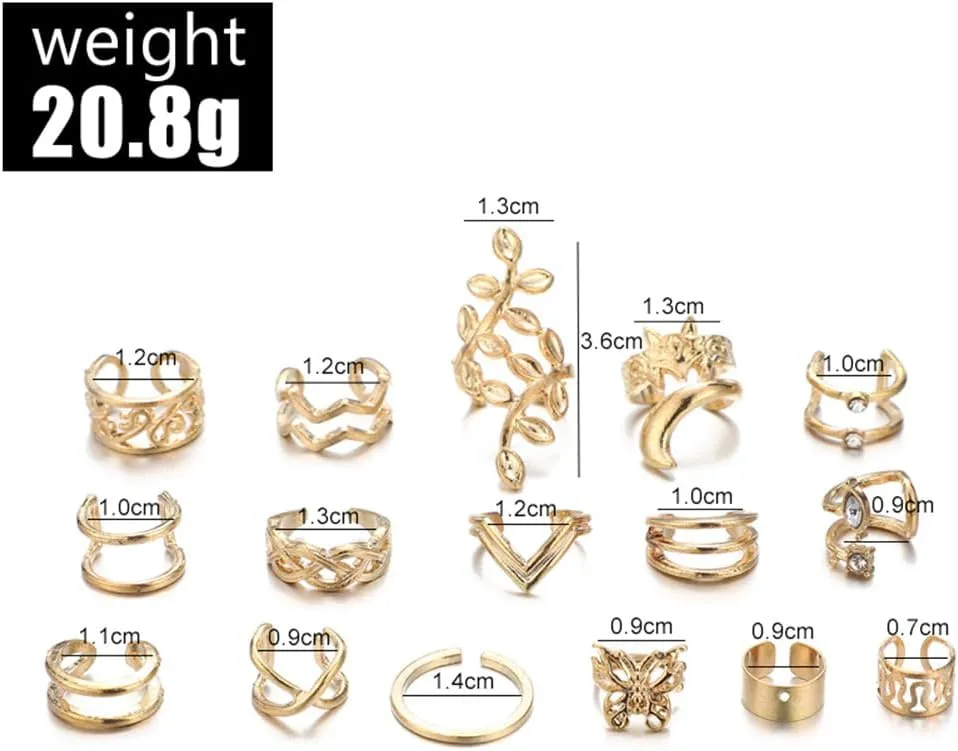 16Pcs Gold Ear Cuffs Earrings Set for Women Silver Non Piercing Cartilage Ear Clip Earrings Leaf Butterfly Earrings Jewelry Accessories