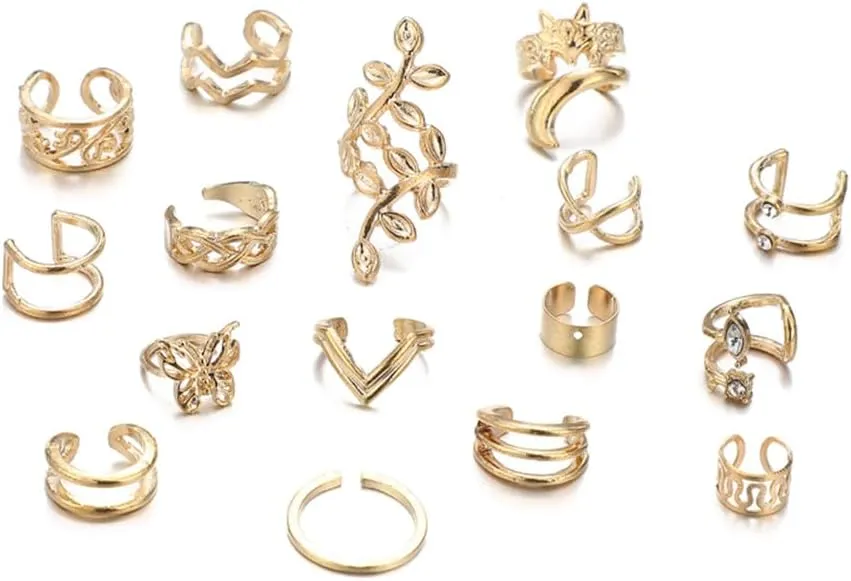 16Pcs Gold Ear Cuffs Earrings Set for Women Silver Non Piercing Cartilage Ear Clip Earrings Leaf Butterfly Earrings Jewelry Accessories