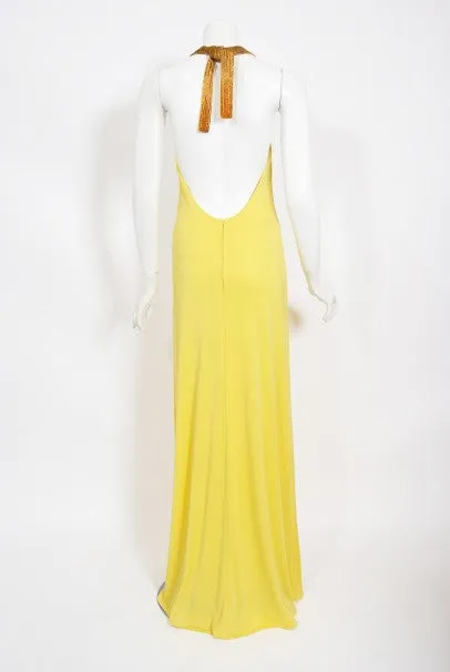 1970's Loris Azzaro Couture Yellow Ombre Beaded Silk-Jersey Halter Gown