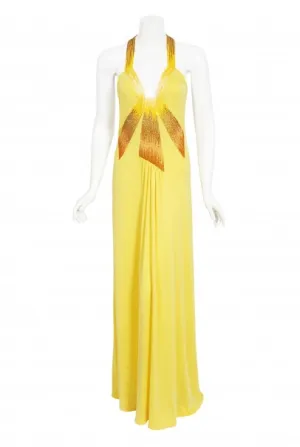 1970's Loris Azzaro Couture Yellow Ombre Beaded Silk-Jersey Halter Gown