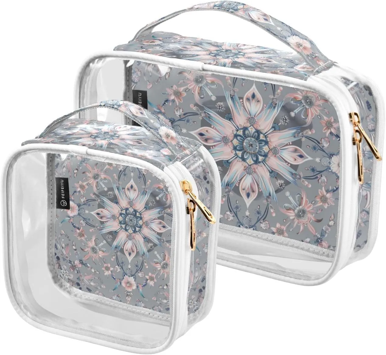 2 Pack Grey Blue Flower Floral clear decorative toiletry hanging bag TSA approved portable makeup travel bag Airport Airline Compliant para maquillaje