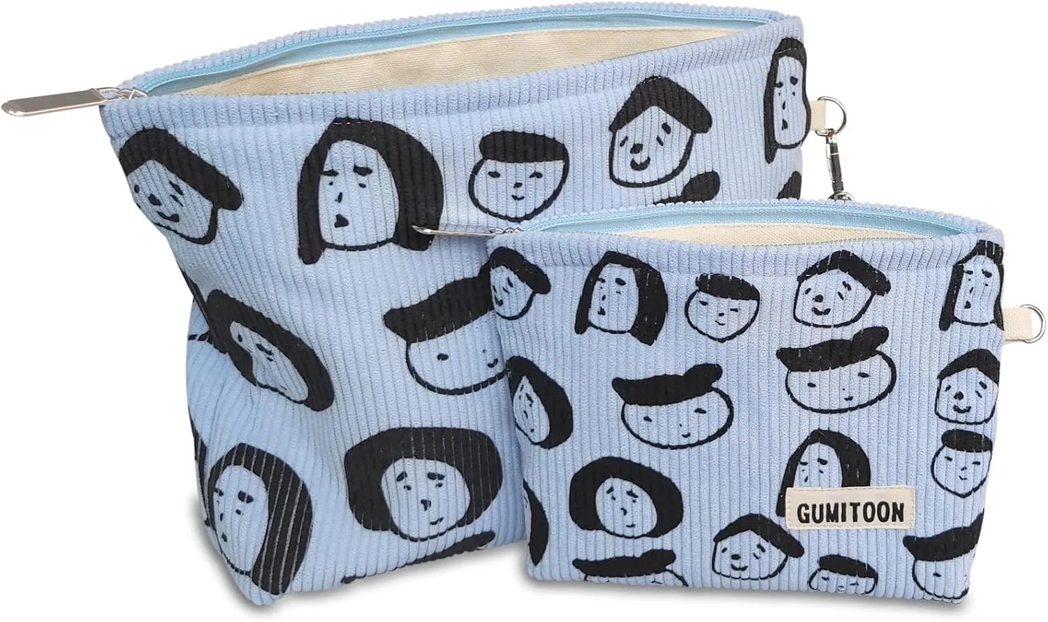 2pcs Blue Corduroy Makeup Bag for woman-aesthetic cute stuff as pouch case and purse organizer for girl-cosmetic travel toiletry bag small baggu glossier (Portrait)