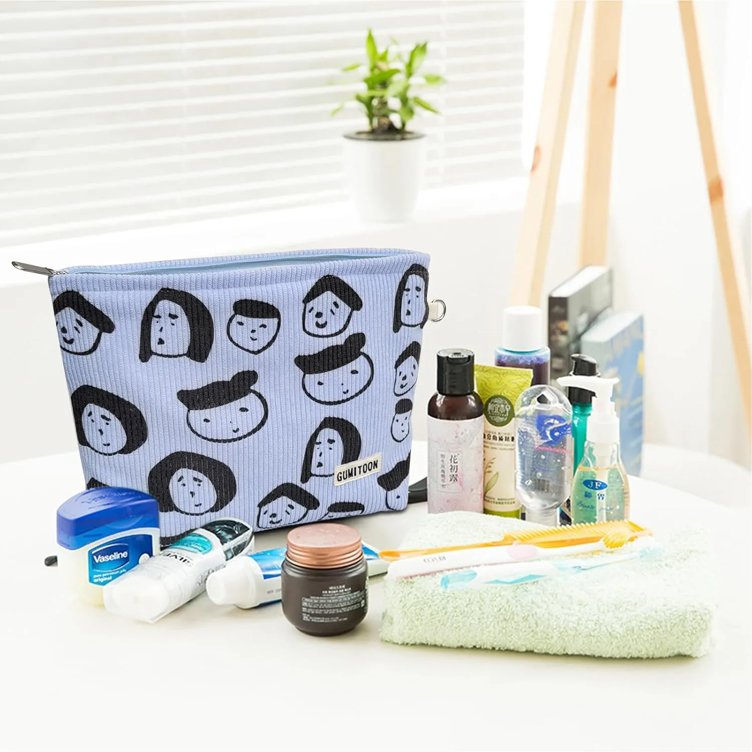 2pcs Blue Corduroy Makeup Bag for woman-aesthetic cute stuff as pouch case and purse organizer for girl-cosmetic travel toiletry bag small baggu glossier (Portrait)