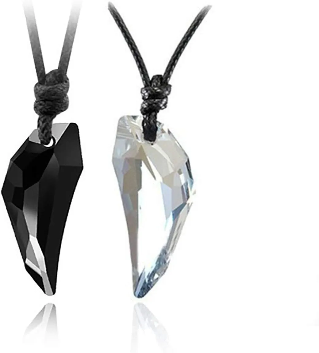 2pcs Matching Two Half Heart Love Puzzle Couples Pendant Necklaces Set Wolf Wooth Stone Crystal Adjustable Healing Gemstone for Mens Women Valentines Gifts