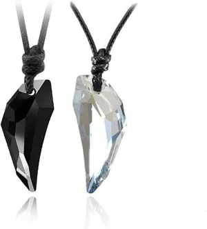 2pcs Matching Two Half Heart Love Puzzle Couples Pendant Necklaces Set Wolf Wooth Stone Crystal Adjustable Healing Gemstone for Mens Women Valentines Gifts
