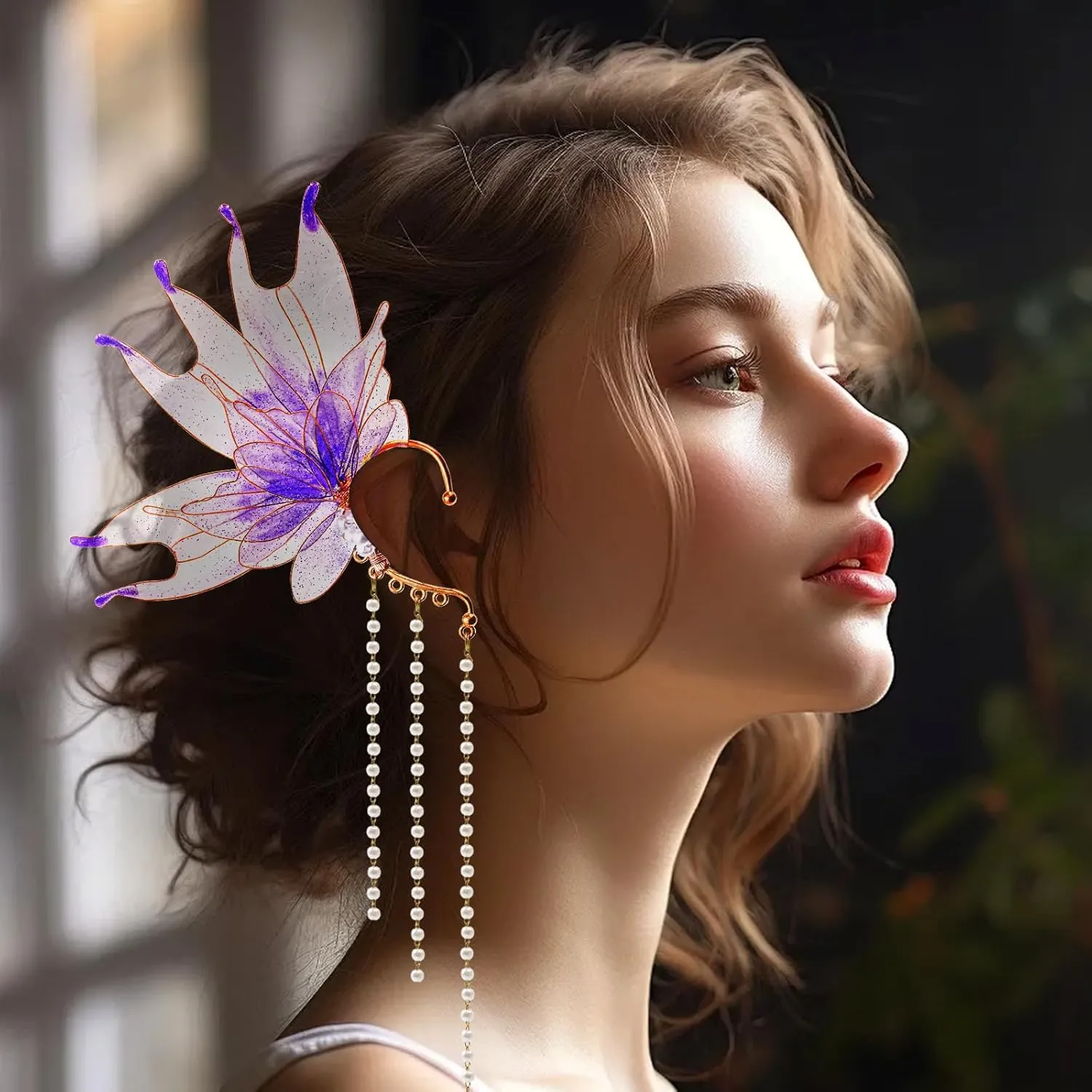 2Pcs Mermaid Elf Ear Cuffs Supplies Fairy Wings Earrings Accessories Dress up Mermaid Non Piercing Ear Clips for Women Christmas Halloween Cosplay Party Costume Accessories