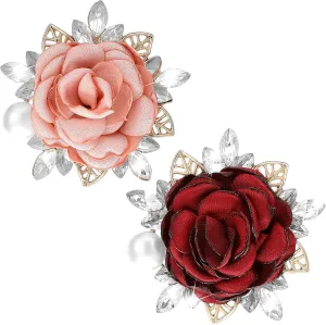 2pcs Rose Pin,Red and Pink Brooches and Pins for Women,Elegant Flower Brooches for Women, Handmade Satin Fabric Flower Crystal Pearl Pins Boutonniere for Clothes Fashion Accessories Jewelry