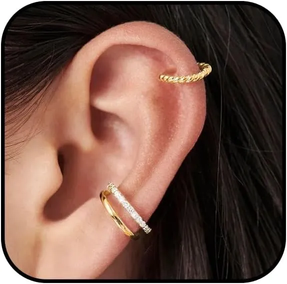 3Pcs Ear Cuffs Non Piercing for Women Gold Silver Cuff Earrings Sparkle Cubic Zirconia Huggie Hoop Earrings Cartilage Earring Set Jewelry