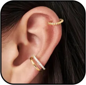 3Pcs Ear Cuffs Non Piercing for Women Gold Silver Cuff Earrings Sparkle Cubic Zirconia Huggie Hoop Earrings Cartilage Earring Set Jewelry