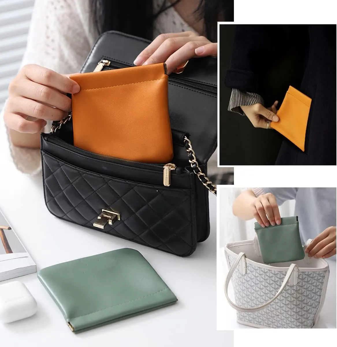 3Pcs Pocket Cosmetic Bag, Squeeze Makeup Bag, Pocket Cosmetic Bag Waterproof Leather No Zipper Self-Closing Portable Travel Makeup Pouch (B)