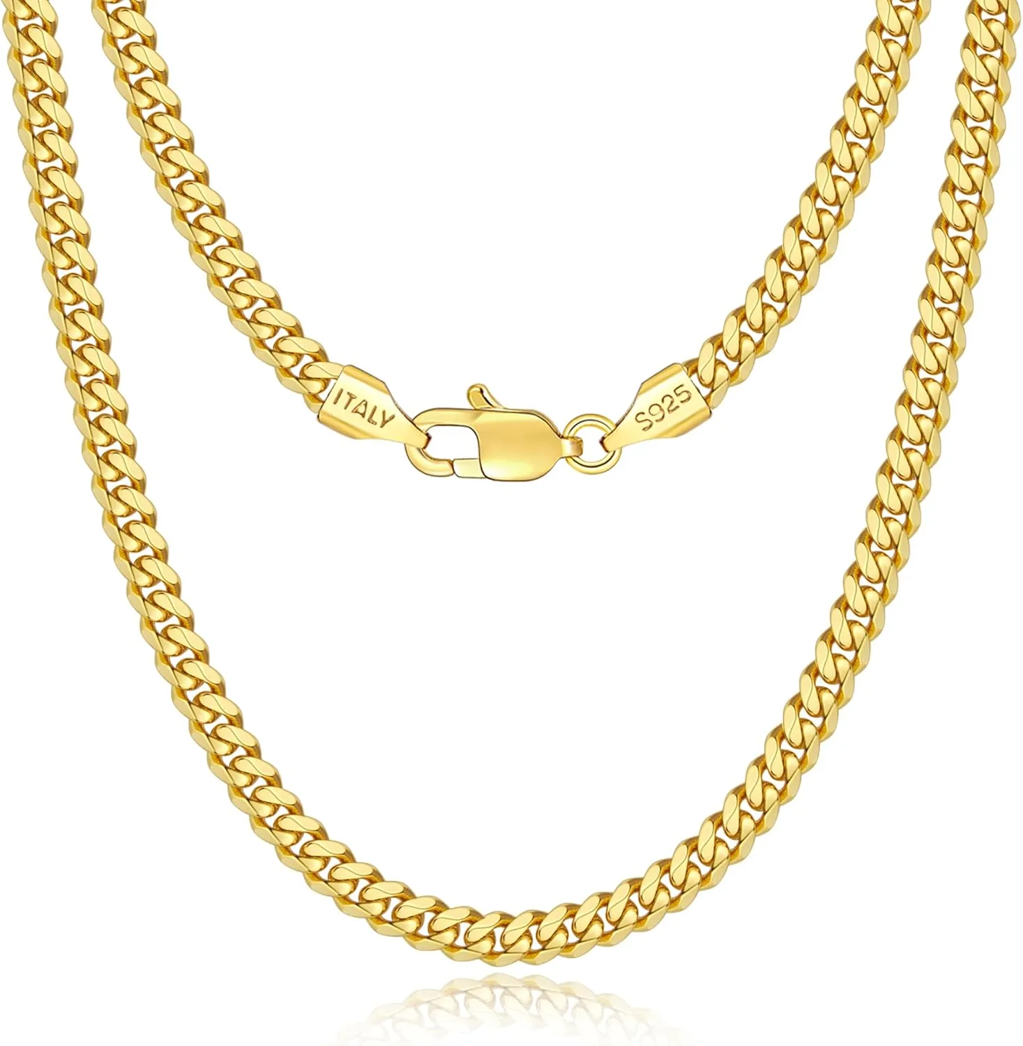 4mm 18K Gold Plated Cuban Chain for Men, 925 Sterling Silver Miami Cuban Link Chain Necklace for Men, Hip-Hop & Cool Men's Chain Necklace, 16/18/20/22/24/26 Inch