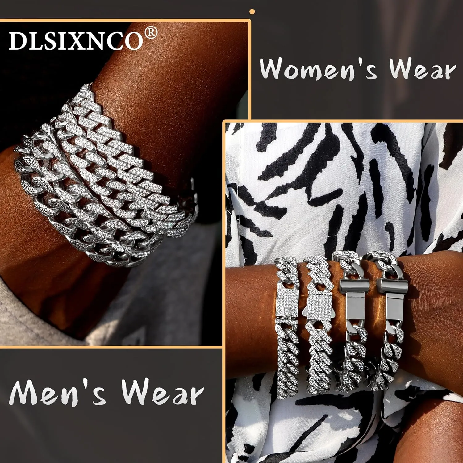 4PCS 18K Gold Silver Bracelets for men Women, Cuban Link Chain Bracelet Set for Men Women, Silver Diamond Bracelet Pack for Mens Jewelry