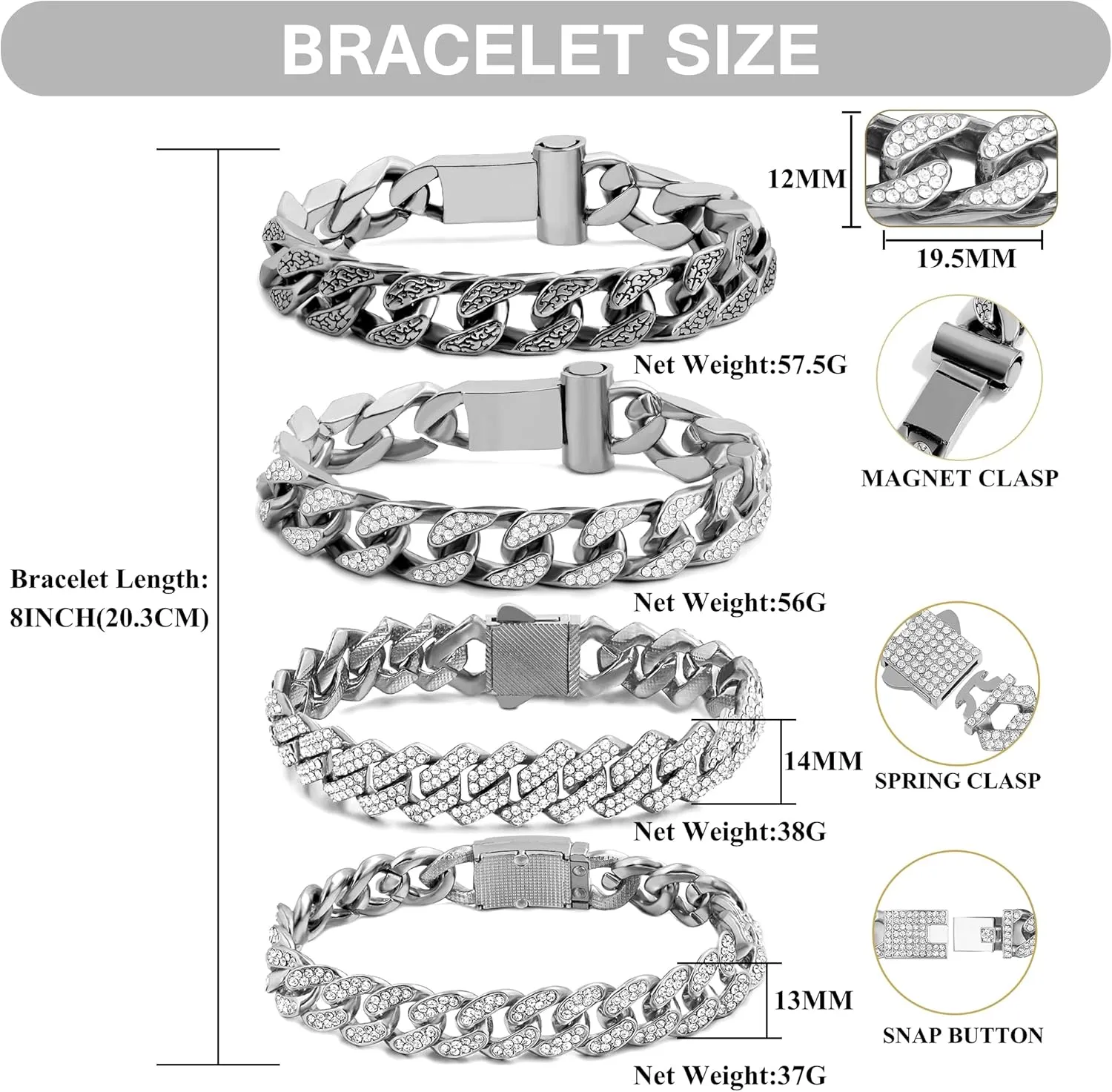 4PCS 18K Gold Silver Bracelets for men Women, Cuban Link Chain Bracelet Set for Men Women, Silver Diamond Bracelet Pack for Mens Jewelry