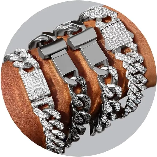 4PCS 18K Gold Silver Bracelets for men Women, Cuban Link Chain Bracelet Set for Men Women, Silver Diamond Bracelet Pack for Mens Jewelry