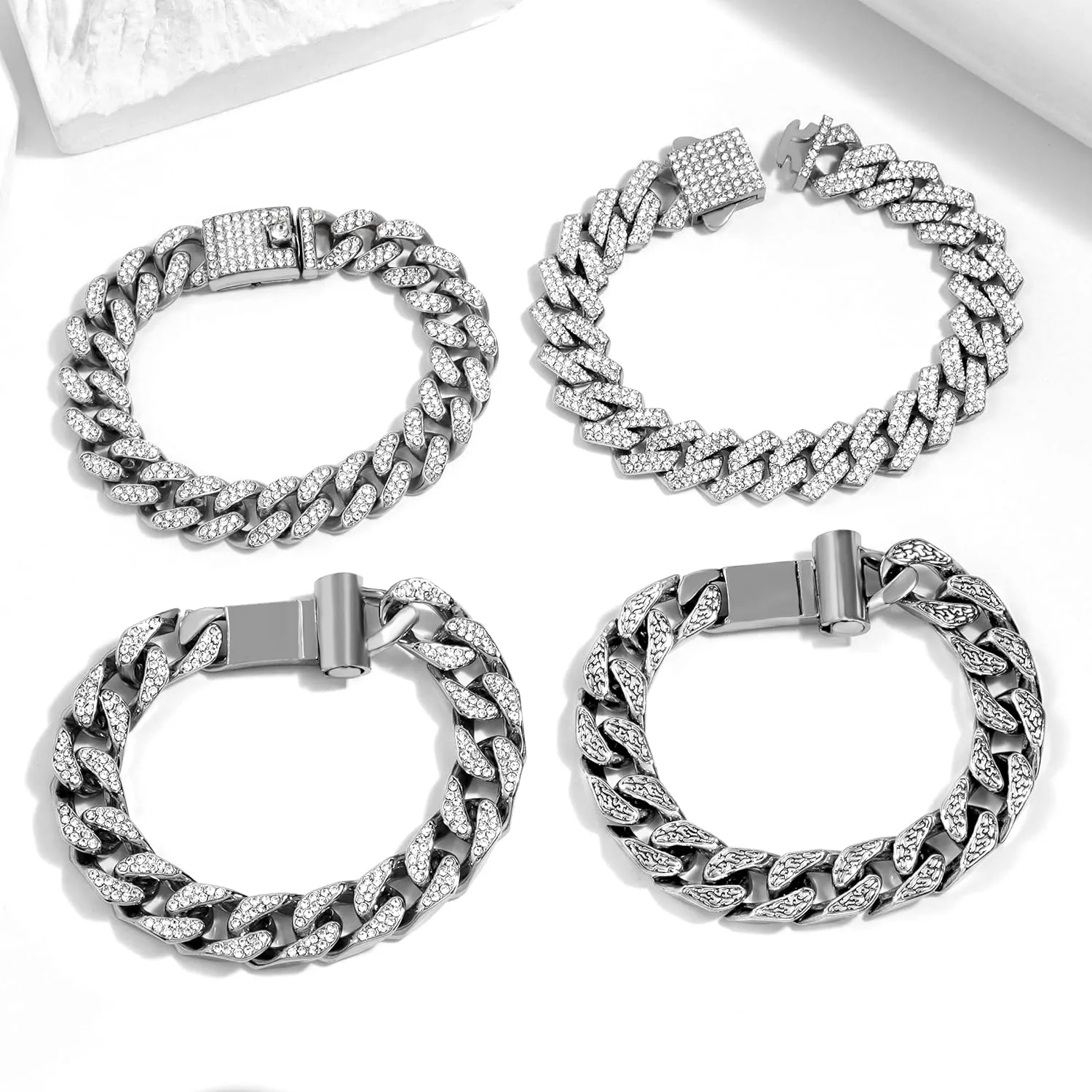 4PCS 18K Gold Silver Bracelets for men Women, Cuban Link Chain Bracelet Set for Men Women, Silver Diamond Bracelet Pack for Mens Jewelry
