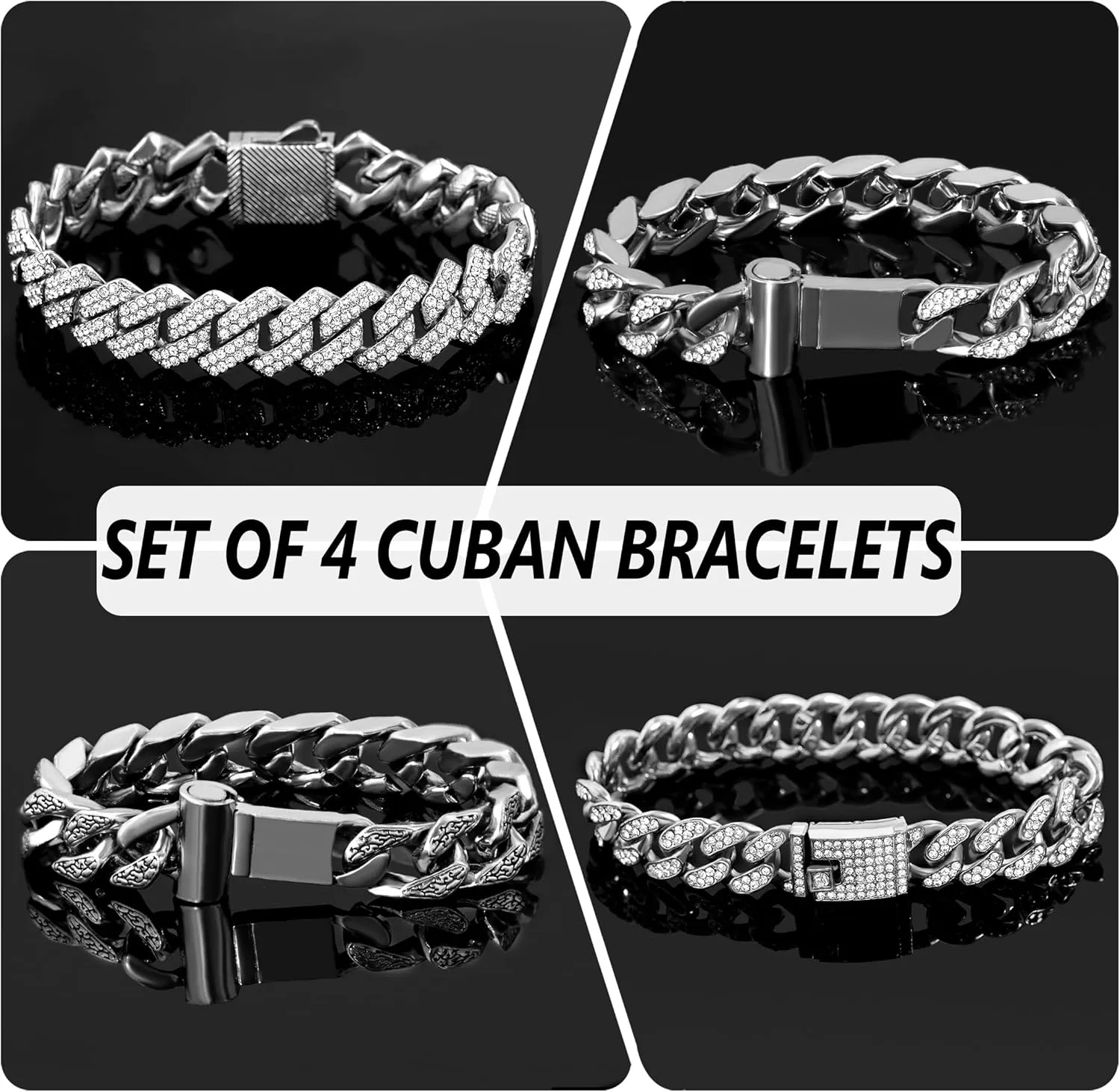 4PCS 18K Gold Silver Bracelets for men Women, Cuban Link Chain Bracelet Set for Men Women, Silver Diamond Bracelet Pack for Mens Jewelry