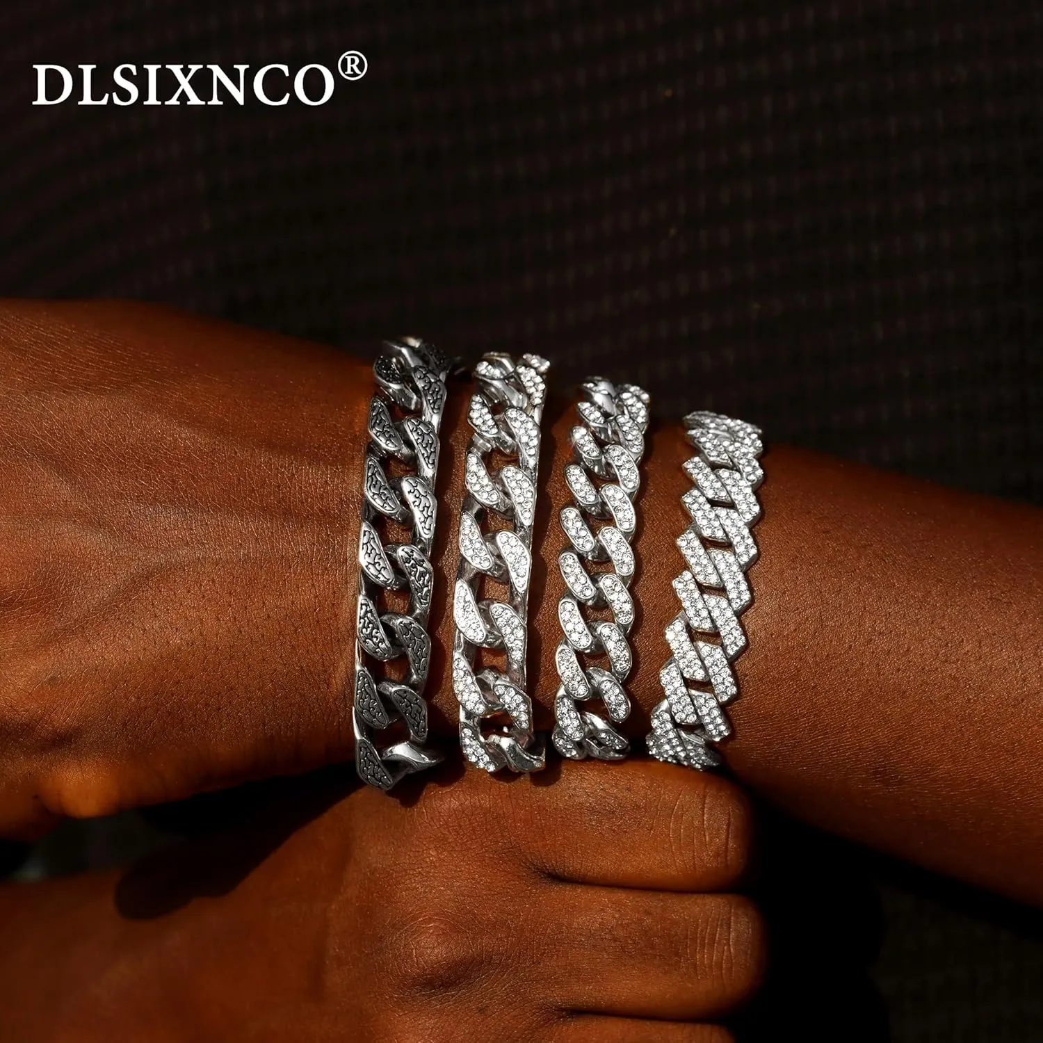 4PCS 18K Gold Silver Bracelets for men Women, Cuban Link Chain Bracelet Set for Men Women, Silver Diamond Bracelet Pack for Mens Jewelry