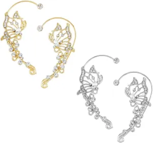 4Pcs 2 Colors Glamorous Cubic Zirconia Cuff Earrings Enchanting Butterfly Wrap Around Earrings Comfortable No Piercing Earrings Crawlers for Jewelry Gift Wedding Accessory