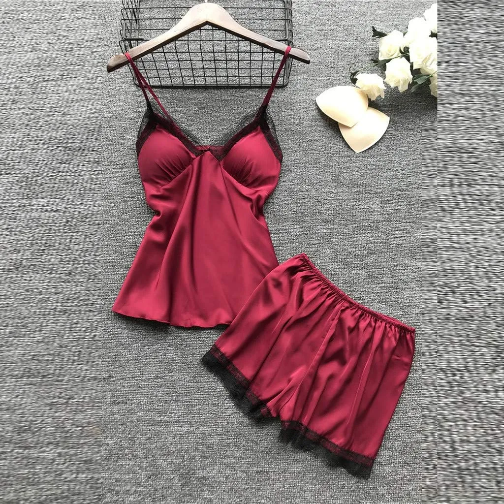4Pcs Silk Satin Pajama Set for Women Sexy Lace Trim Cami Top Lingerie Dress and Shorts with Robe Soft Comfy Sleepwear