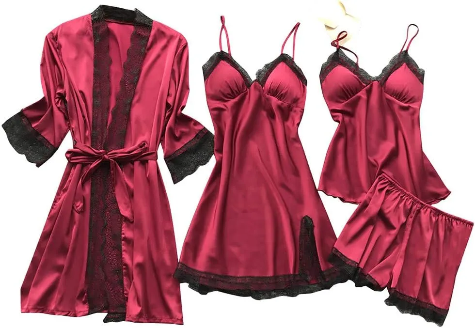 4Pcs Silk Satin Pajama Set for Women Sexy Lace Trim Cami Top Lingerie Dress and Shorts with Robe Soft Comfy Sleepwear