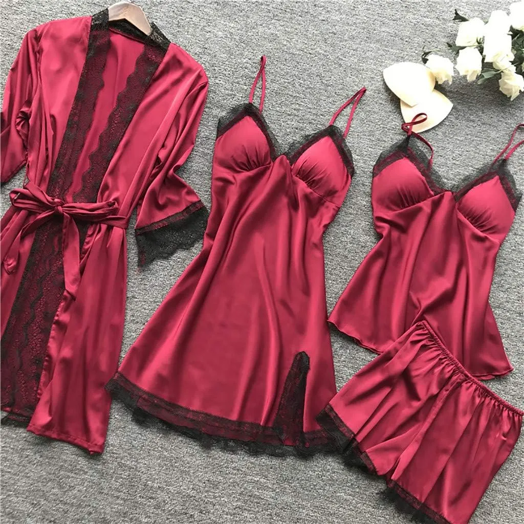 4Pcs Silk Satin Pajama Set for Women Sexy Lace Trim Cami Top Lingerie Dress and Shorts with Robe Soft Comfy Sleepwear