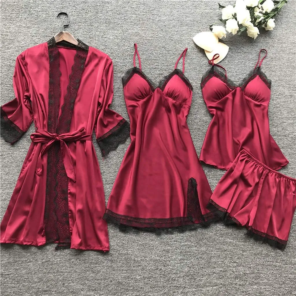 4Pcs Silk Satin Pajama Set for Women Sexy Lace Trim Cami Top Lingerie Dress and Shorts with Robe Soft Comfy Sleepwear