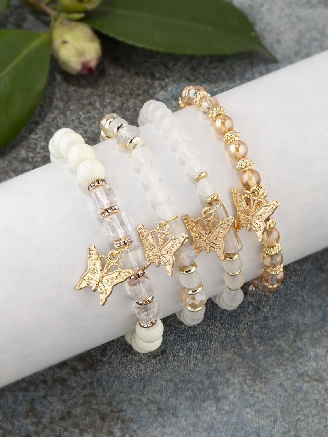 4Pcs/Set Bohemian Butterfly Bracelets Crystal Beaded Butterfly Stretch Bracelets Boho Summer Colorful Stackable Bracelet for Women Girls