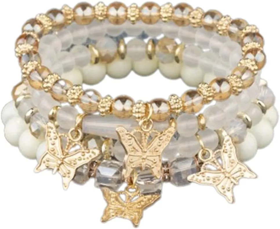 4Pcs/Set Bohemian Butterfly Bracelets Crystal Beaded Butterfly Stretch Bracelets Boho Summer Colorful Stackable Bracelet for Women Girls