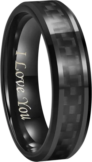 6mm 8mm 10mm Black Carbon Fiber Black Tungsten Carbide Wedding Band Ring Engraved I Love You Men Women Size 4 To 16
