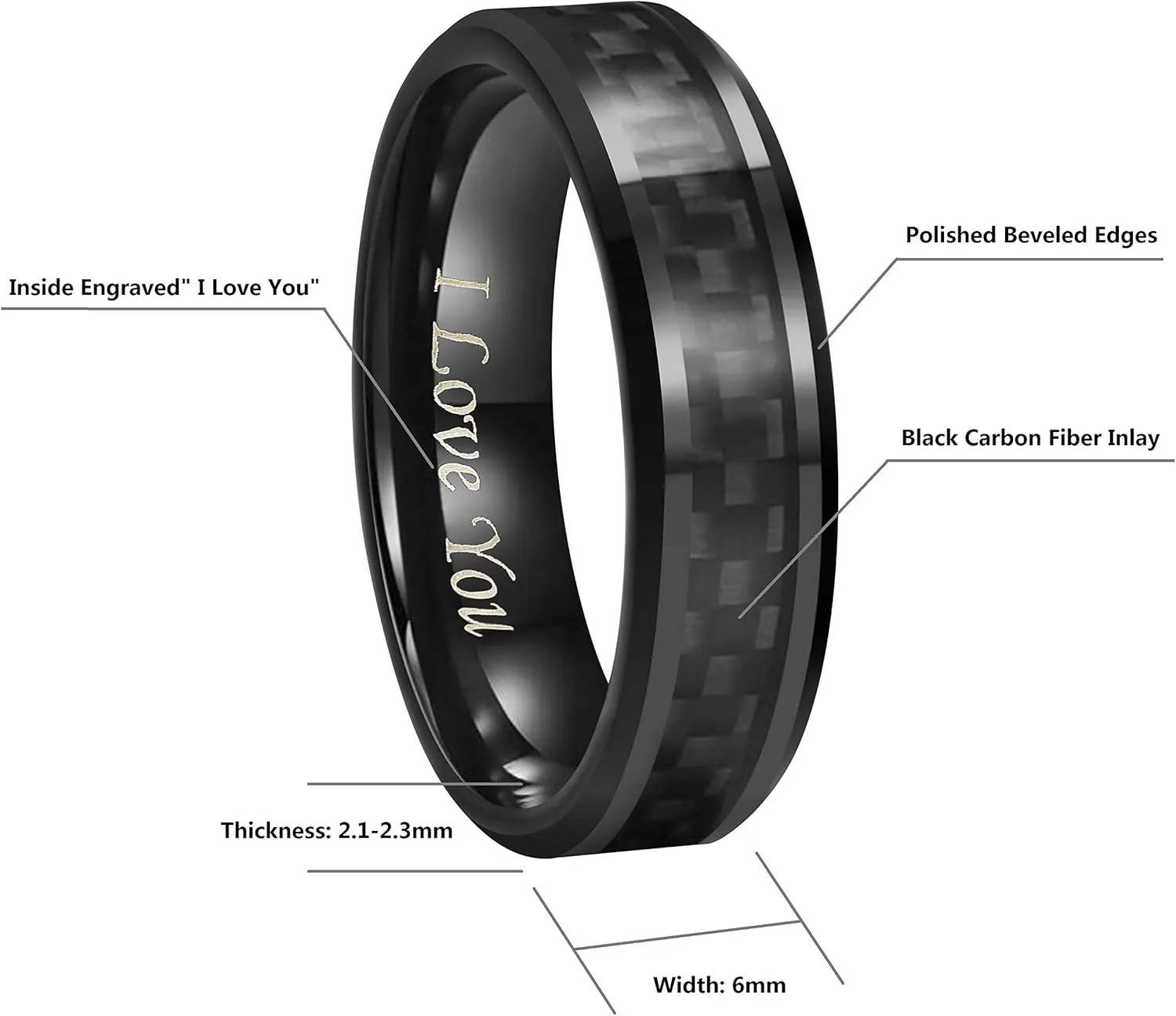 6mm 8mm 10mm Black Carbon Fiber Black Tungsten Carbide Wedding Band Ring Engraved I Love You Men Women Size 4 To 16