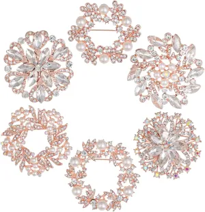 6Pcs Medium Size Rose Gold Plated Assorted Crystal Rhinestones Brooch Pins Set for Women Fashion and DIY Wedding Party Bouquets Crafts Decor