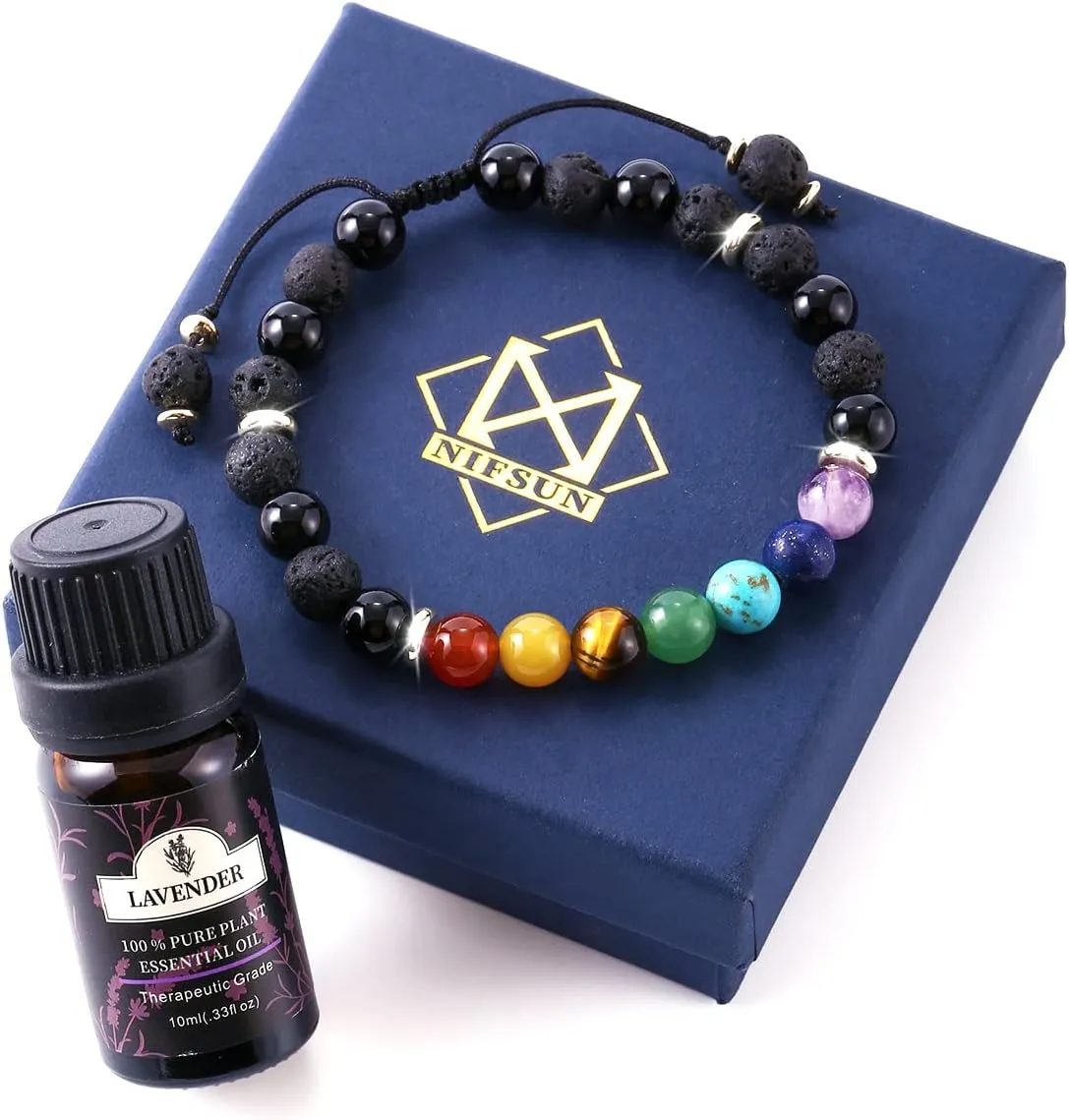 7 Chakra Bracelet Real Crystal Stone Beads Essential Oil Set Yoga Meditation Protection Lava Rock Jewelry Gifts for Women Men