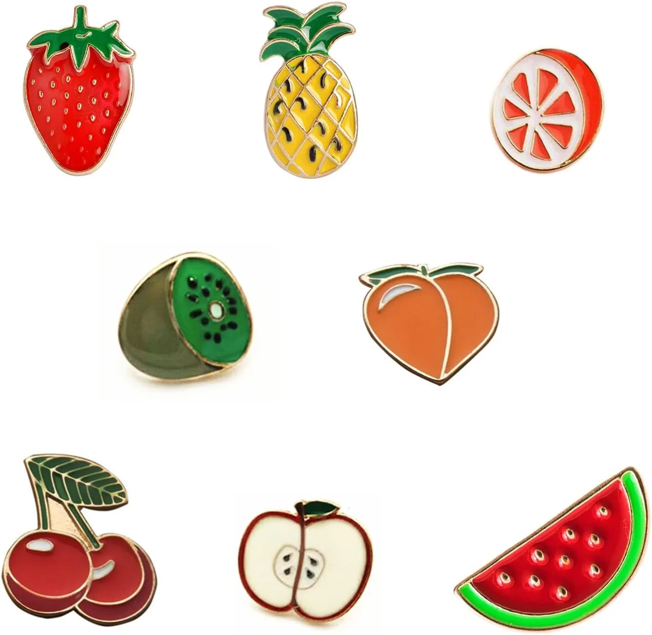 8Pcs Fruits Enamel Brooches Pins Watermelon Strawberry Pineapple Kiwi Orange Peach Cherry Apple Enamel Pins Cute Fruits Lapel Pins Brooches Pin Badges for Girls Women Clothing Backpacks Jackets Hats