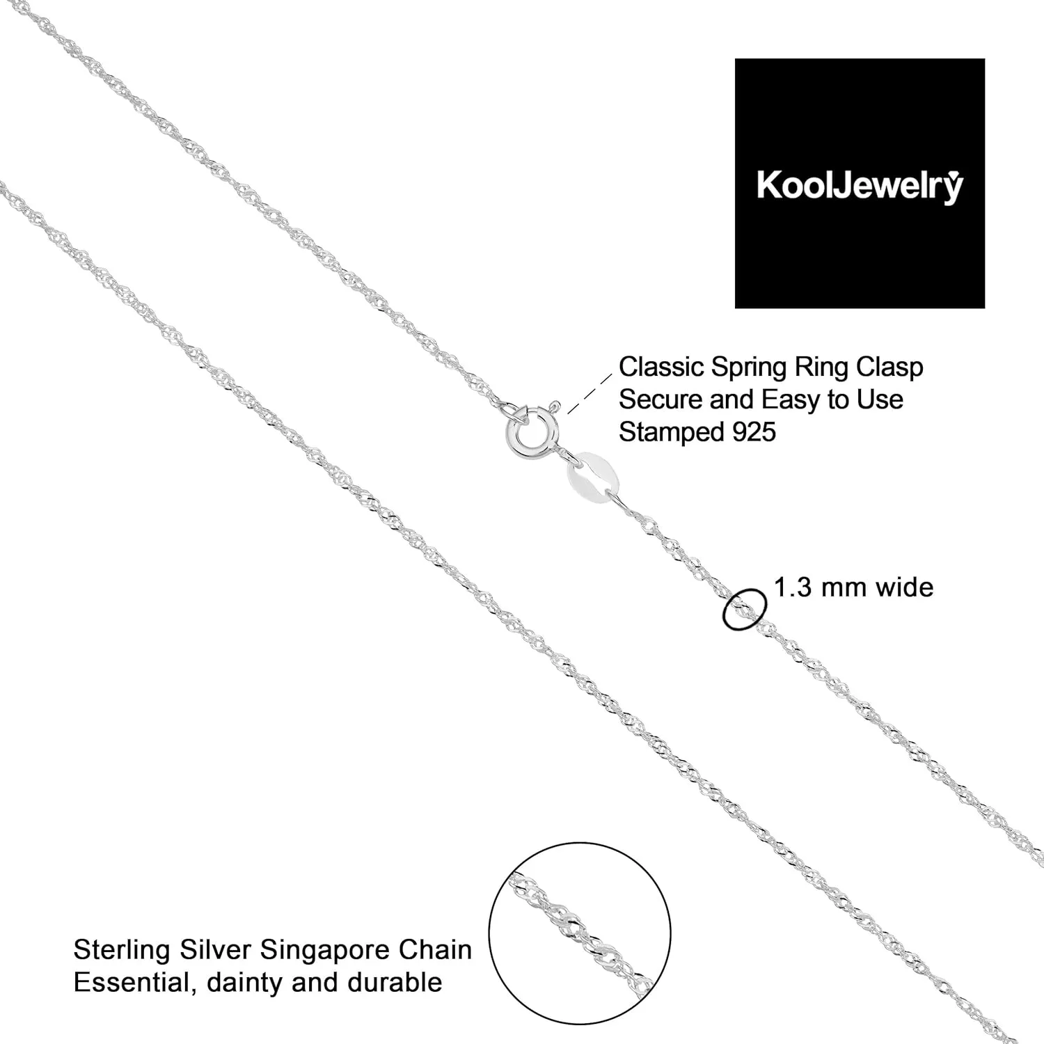 925 Sterling Silver 1.3 mm Singapore Chain Pendant Necklace for Women (14, 16, 18, 20, 22, 24, 30 or 36 inch)