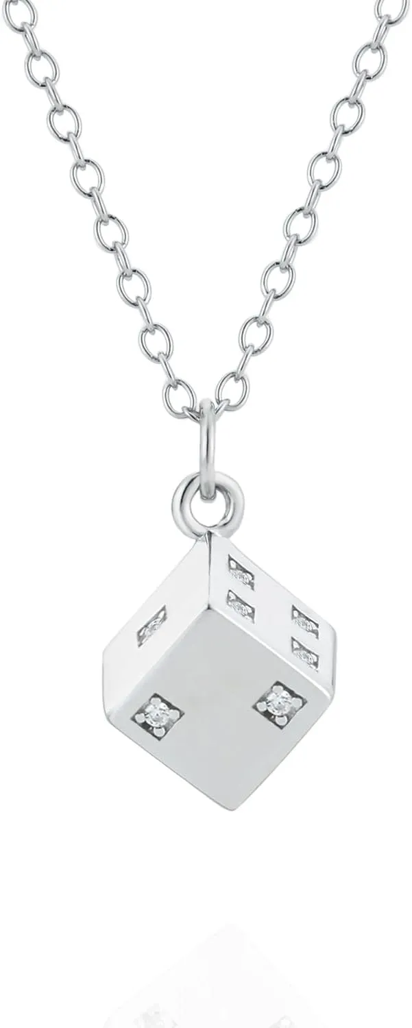 925 Sterling Silver Dice Pendant Necklace for Women Trendy Round Brilliant Cut Medallion Chain