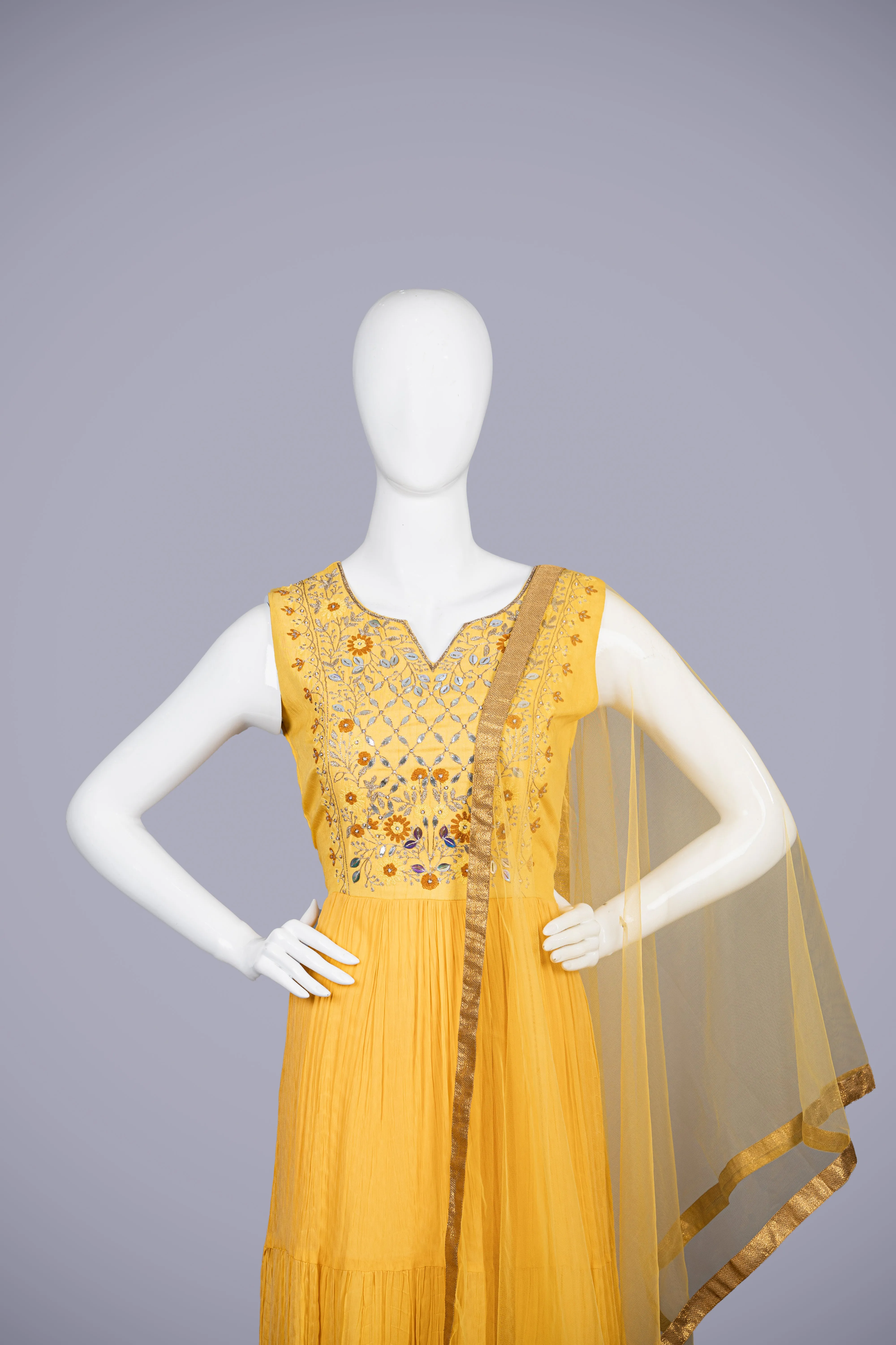 A Yellow Muster Gown with Sadu Kachi Work