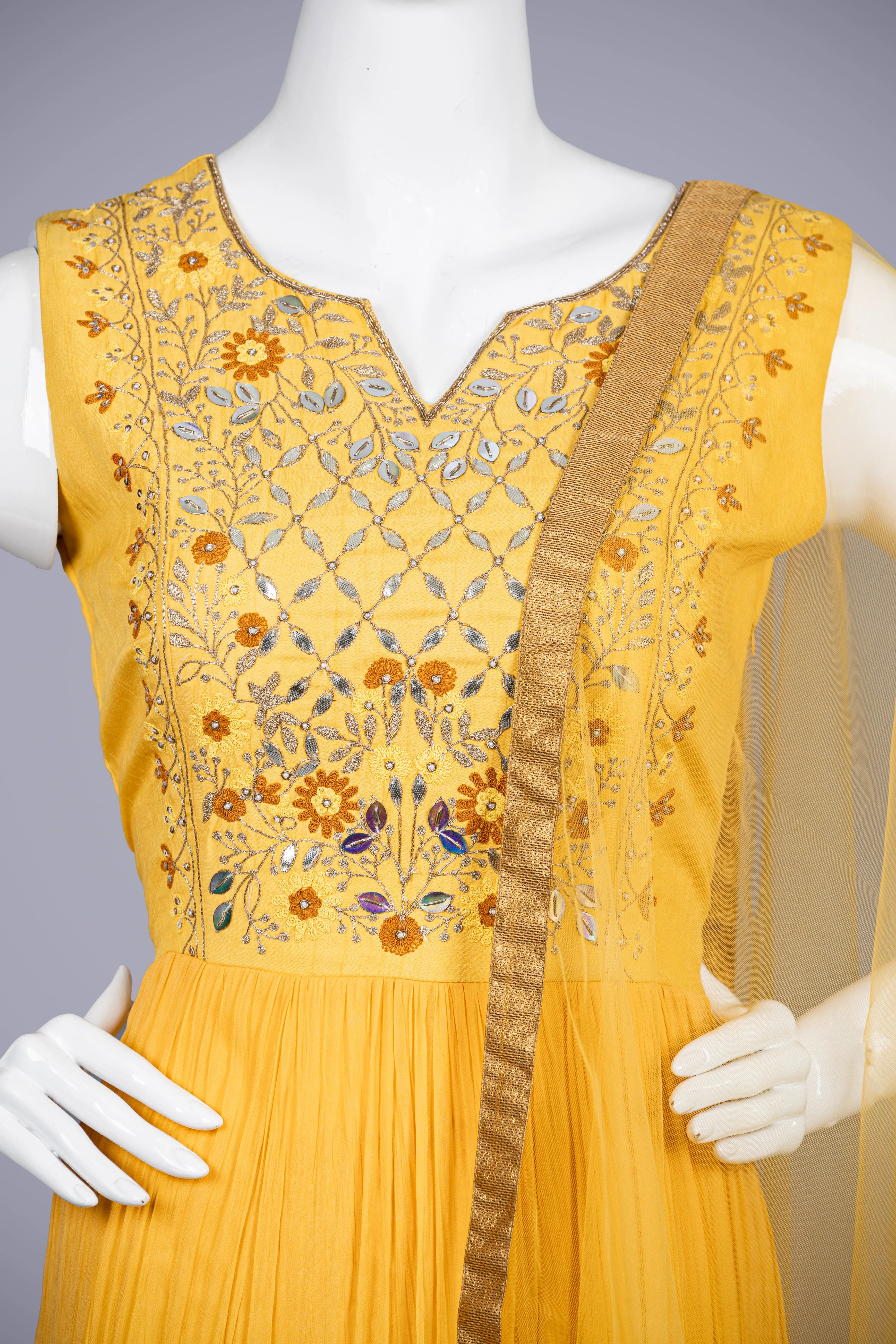 A Yellow Muster Gown with Sadu Kachi Work