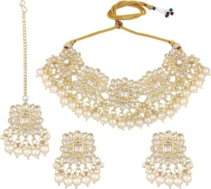 Aabhu Kundan Choker Necklace Set with Earrings & Maang Tikka, Gold-Plated Indian Wedding Jewelry Sets for Women, Traditional Indian Choker Necklace, Bollywood Jewelry, Indian Jewelry Set for Weddings & Parties