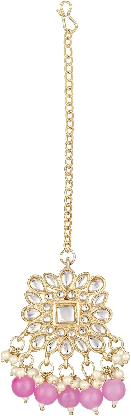 Aabhu Kundan Choker Necklace Set with Earrings & Maang Tikka, Gold-Plated Indian Wedding Jewelry Sets for Women, Traditional Indian Choker Necklace, Bollywood Jewelry, Indian Jewelry Set for Weddings & Parties